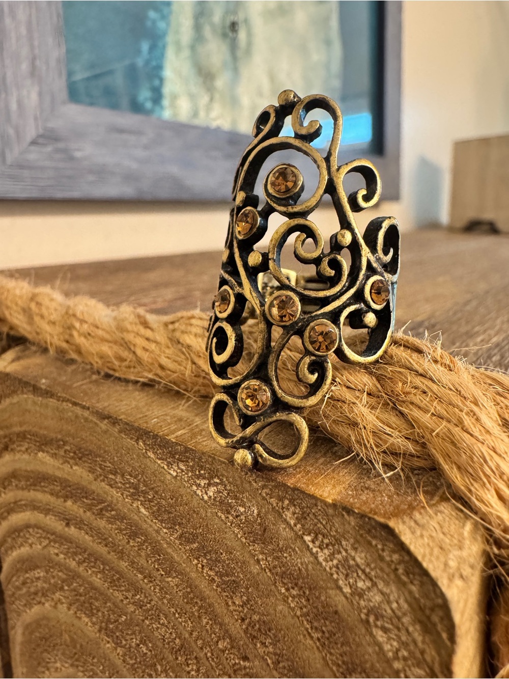 Vintage-Inspired Filigree Cocktail Ring with Amber Stones - Scrollwork
